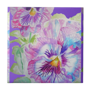 Lila Pansy Flower Watercolor Blommigt Ceramic Tile Kakelplatta