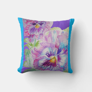 Lila Pansy Flowers Blommigt Blue Decor Cushion Kudde