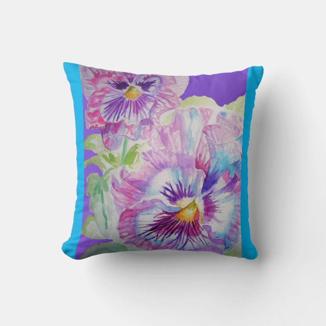 Lila Pansy Flowers Blommigt Blue Decor Cushion Kudde (Framsida)