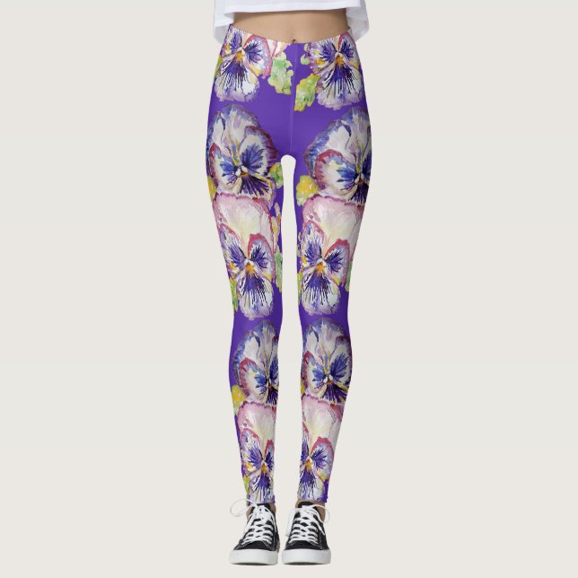 Lila Pansy Glorious Blommigt blommart Leggings (Framsida)