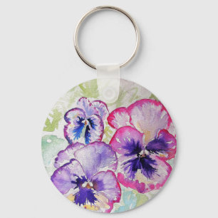 Lila Pansy Rosa Flower Blommigt Vattenfärg Nyckelring