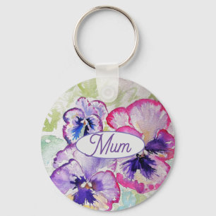 Lila Pansy Rosa Flower Blommigt Watercolor Mamma Nyckelring