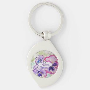 Lila Pansy Rosa Flower Blommigt Watercolor Mamma Swirl Silverfärgad Nyckelring