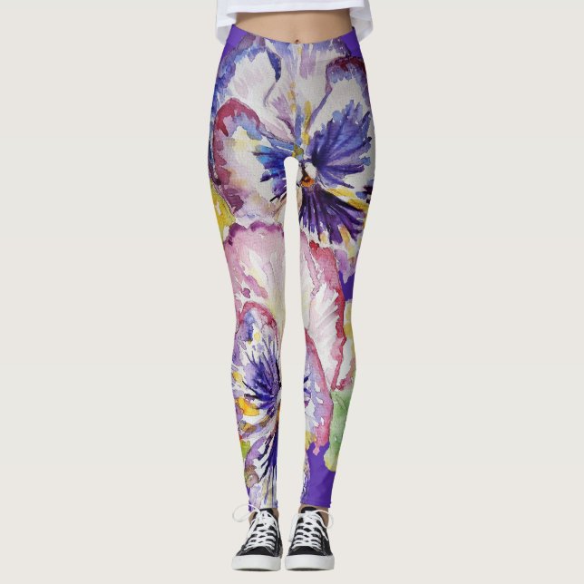 Lila Pansy stor pansy Blommigt Blommor Leggings (Framsida)