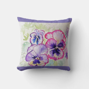 Lila Pansy Watercolor Flower blommigt Cushion Kudde