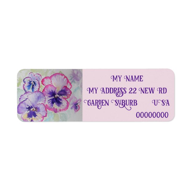 Lila Pansy Watercolor Flower Blommigt Returadress Etikett (Framsidan)