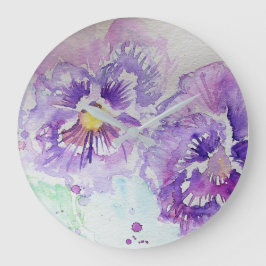 Lila Pansy Watercolor Flower blommigt Wall Clock Stor Klocka