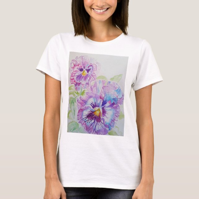 Lila Pansy Watercolor målning art T Shirt (Framsida)