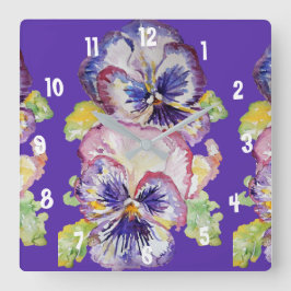 Lila Pansy Watercolor Womans Office Clock Fyrkantig Klocka