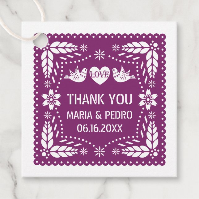 Lila papel picado love birds bröllop fiesta gåvor etiketter (Framsida)