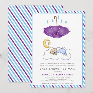 Lila paraply, sovande babypojke shower via post inbjudningar