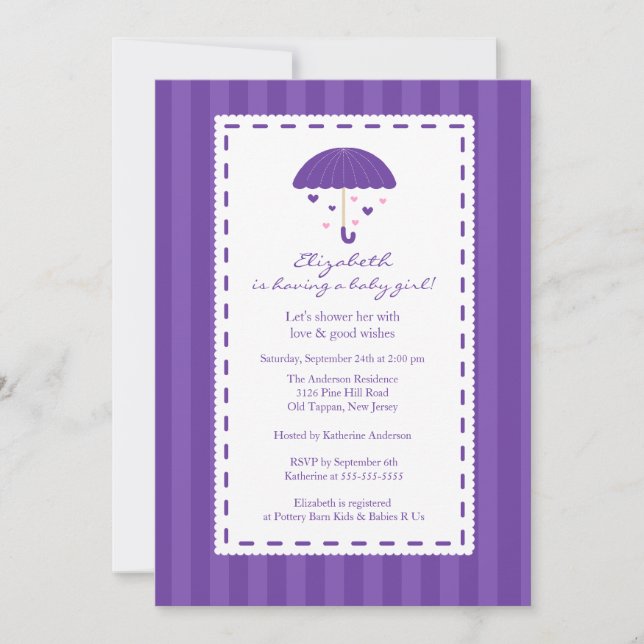 Lila Parbrella Flicka Baby Shower Inbjudningar (Framsida)
