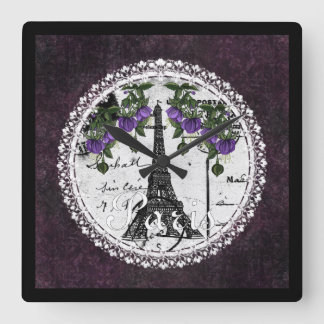 Lila Paris Blommigt Square Wall Clock Fyrkantig Klocka
