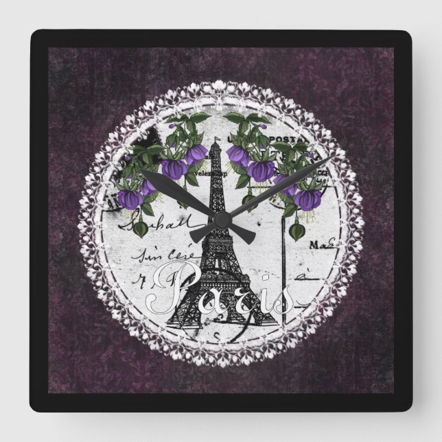 Lila Paris Blommigt Square Wall Clock Fyrkantig Klocka (Framsida)