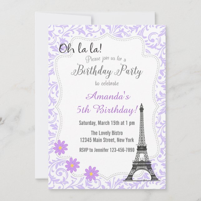 Lila Paris Romantic Birthday-inbjudan Inbjudningar (Framsida)