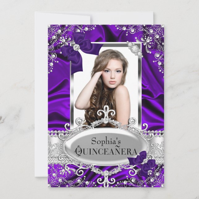 Lila pärla & siden rosett glamour Quinceanera Inbjudningar (Framsida)