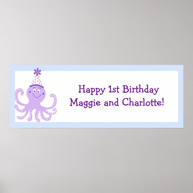 Lila Party Octopus Birthday Banner anpassad Poster (Framsidan)