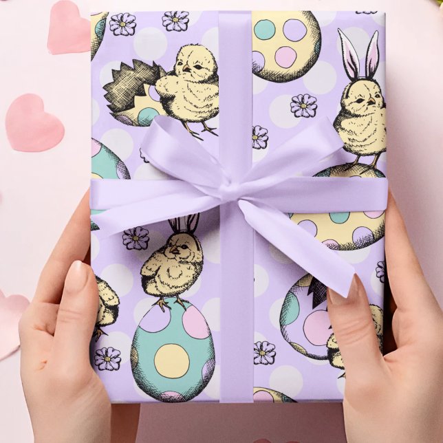 Lila Påsk Chickar och Bunny Öron Presentpapper (Adorable hand-drawn baby chicks hatched from colorful pastel Easter eggs, wearing bunny ears! )