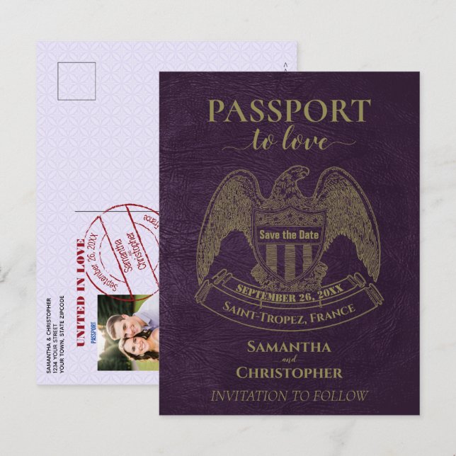 Lila pass kort snyggt roligt bröllop Spara datum (Fram/baksida)