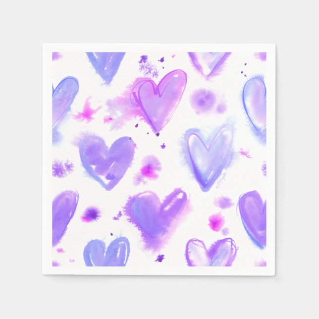 Lila Passion Watercolor Hjärtar Pappersservett (Framsidan)