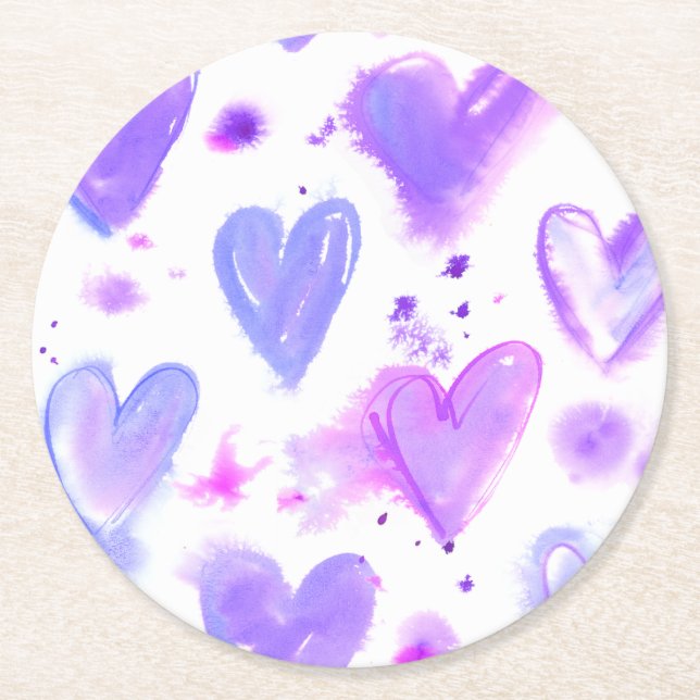 Lila Passion Watercolor Hjärtar Underlägg Papper Rund (Framsidan)