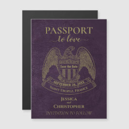 Lila Passport Destinationsbröllop Spara datum Magnetisk Inbjudningskort