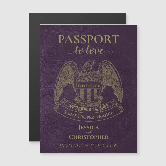 Lila Passport Destinationsbröllop Spara datum Magnetisk Inbjudningskort (Fram/baksida)