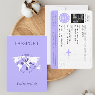 Lila Passport Travel Girl Baby Shower World Map Inbjudningar