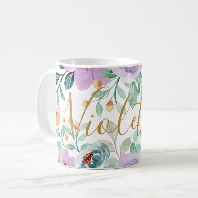 Lila Pastel Flowers Watercolor Blommigt Add Namn Kaffemugg (Framsida vänster)