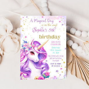 Lila Pastel Magic Unicorn Birthday-inbjudan Inbjudningar