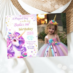 Lila Pastel Magic Unicorn Birthday Photo Inbjudningar