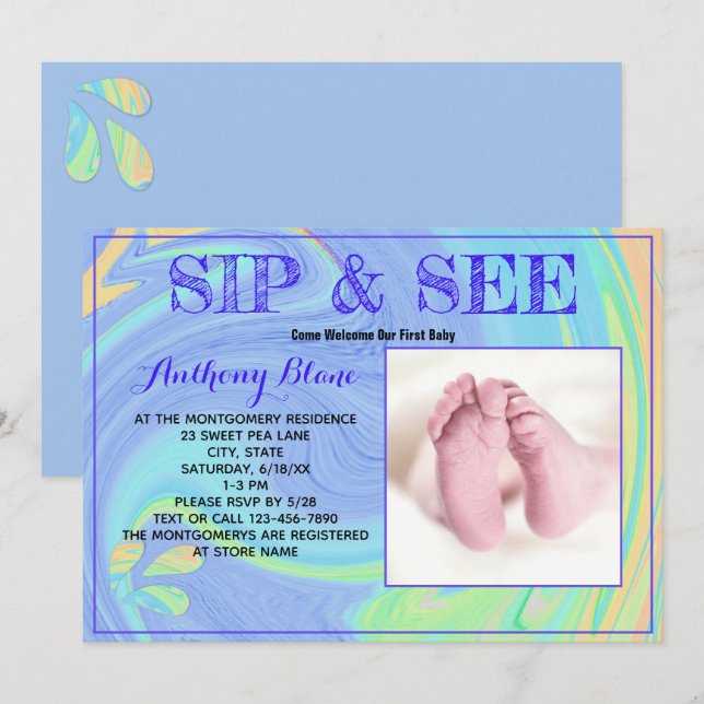 Lila Pastel Newborn Sip och Se Anpassningsbar Phot Inbjudningar (Fram/baksida)