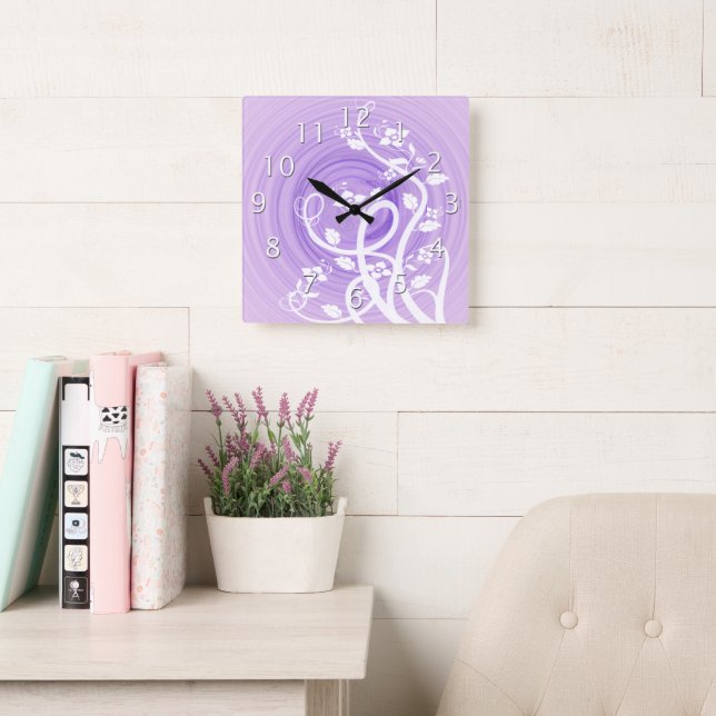 Lila Pastel Spiral, Filigree & Flowers Fyrkantig Klocka (Läsesal)