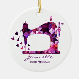 Lila Patchwork Quilt Sewing Maskin Julgransprydnad Keramik