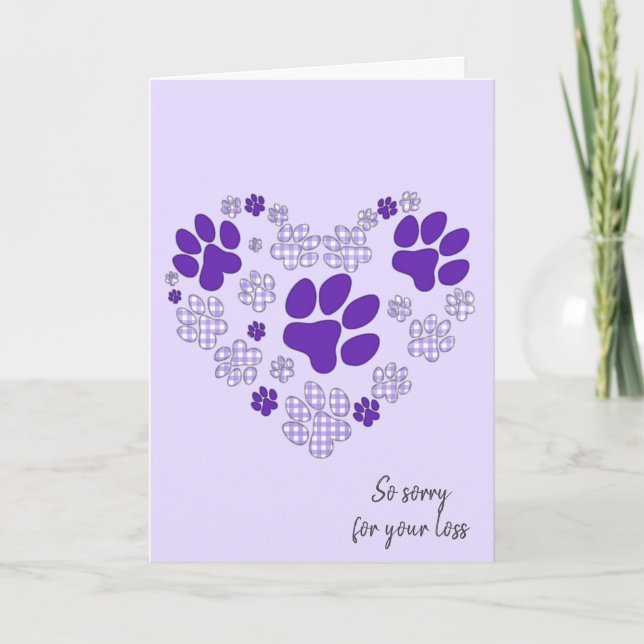 Lila Pawprint Heart for Pet Loss Loss Kort (Framsida)