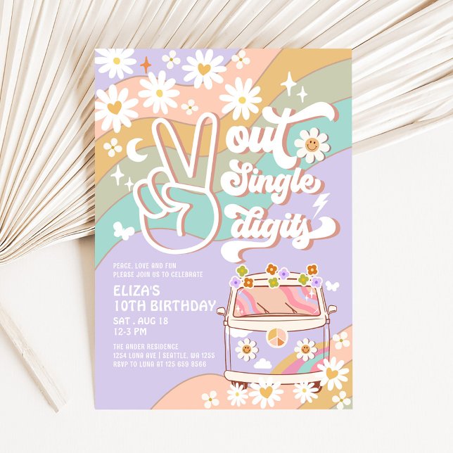Lila Peace Out Single Digit Groovy 10:e födelsedag Inbjudningar (Skapare uppladdad)