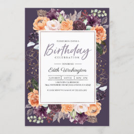 Lila Peach-Blommigt - kallelse till födelsedagstid Inbjudningar