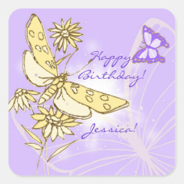 Lila Peach Butterfly Sticker Fyrkantigt Klistermärke