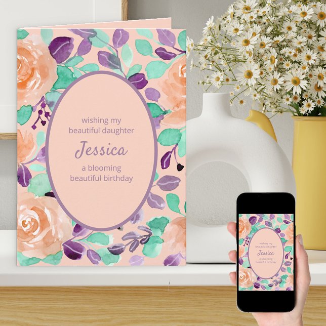 Lila Peach Personlig Blommigt Födelsedag Kort (Skapare uppladdad)