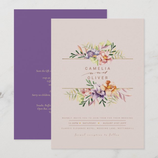 Lila Peach Summer Blommigt Wedding QR Code Inbjudningar (Fram/baksida)
