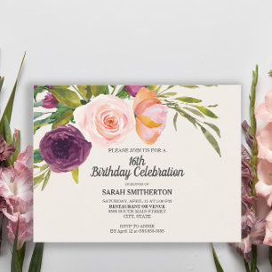 Lila Peach Vattenfärg Blommig Elfenben 16-årsdag Vykort
