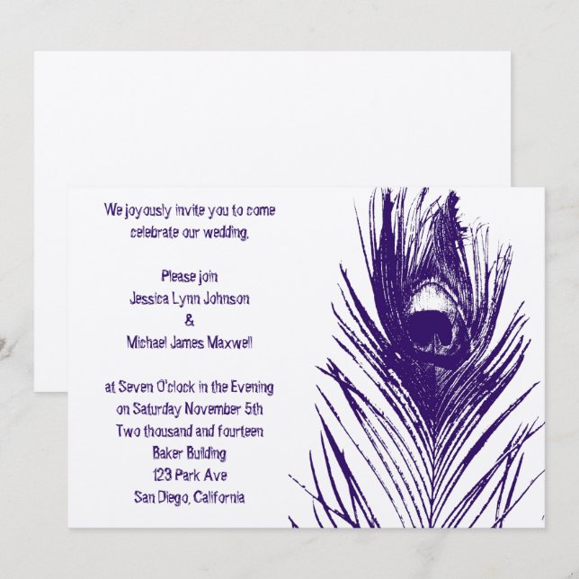 Lila Peacock Feather Bröllop Inbjudningar (Fram/baksida)