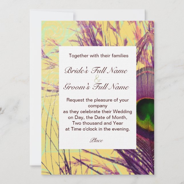 Lila Peacock Feather Wedding bjudande Inbjudningar (Framsida)