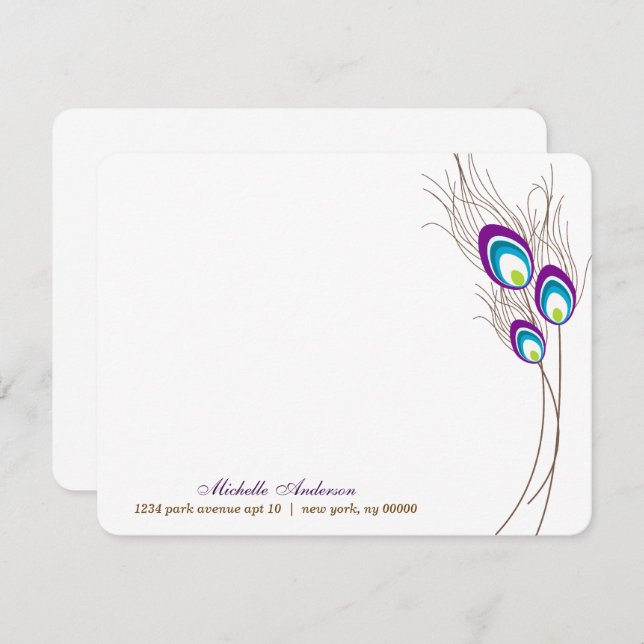Lila Peacock Feathers Flat Note Cards Inbjudningar (Fram/baksida)