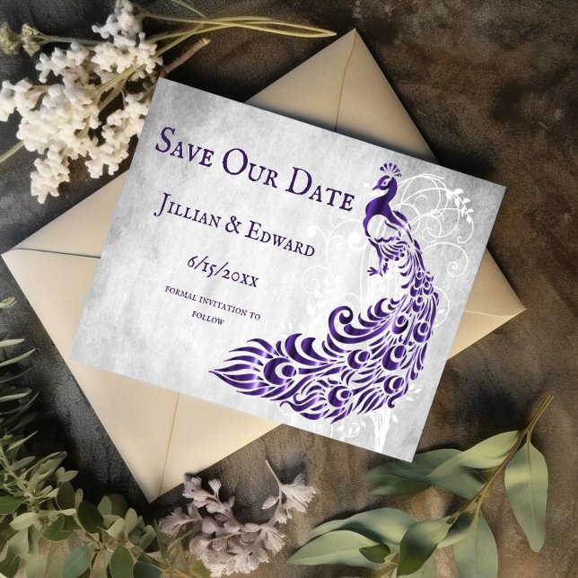 Lila Peacock Löv-vin Spara datum Meddelande (Purple Peacock Leaf Vine Save the Date)