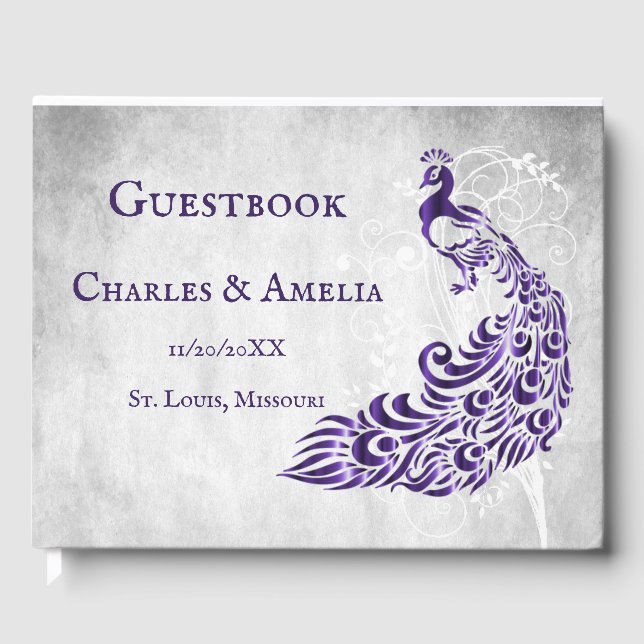 Lila Peacock Löv Vine Bröllop Guestbook Gästböcker (Framsida)