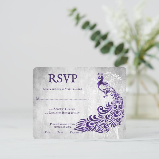 Lila Peacock Löv Vine Bröllop OSA Card Kort (Stående Fram)