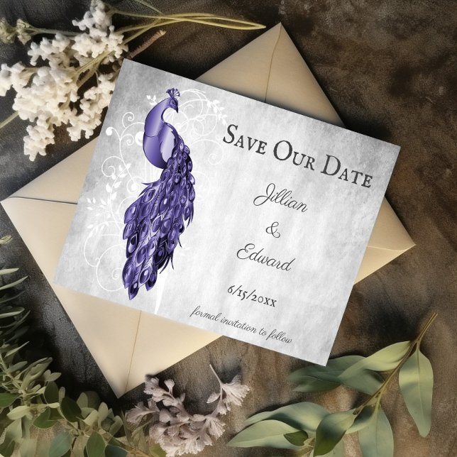 Lila Peacock Spara datum meddelande (Purple Peacock Save the Date)
