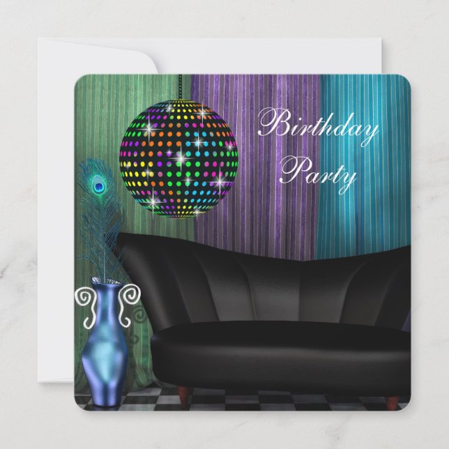 Lila Peacock Spegel Boll Disco Födelsedagsfest Inbjudningar (Framsida)