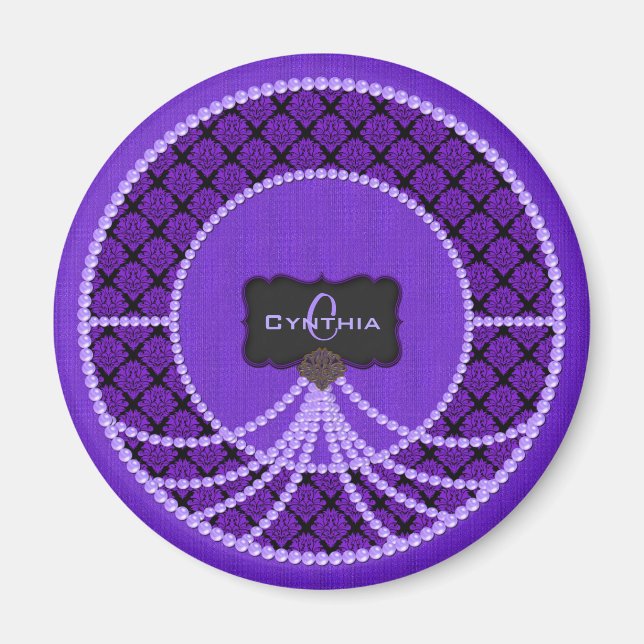 Lila Pearl Damask Round Magnet (Framsidan)